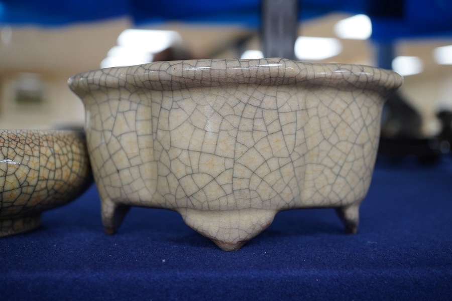 A Chinese crackle-glaze censer, 14cm wide, and a similar peach shaped brush washer, 12cm diameter (2). Condition - good.